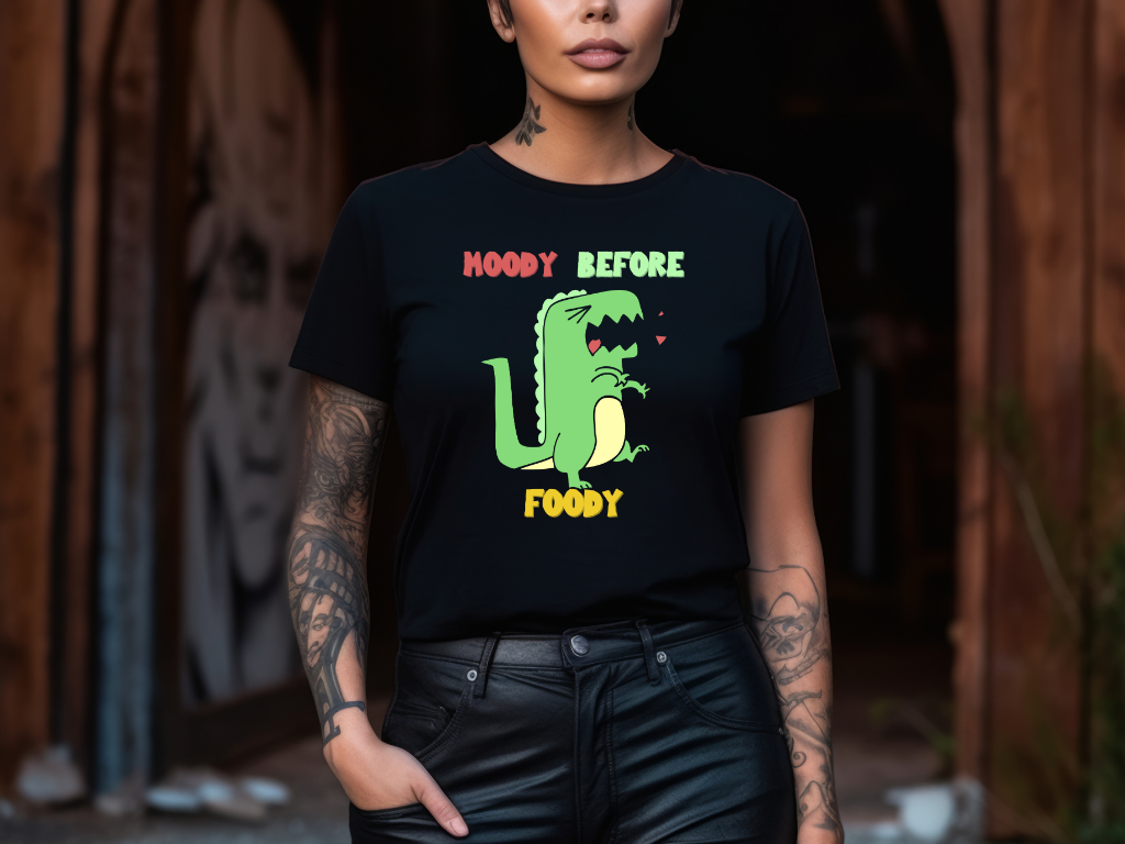 Moody Before Foody Cute Dino T Shirt Womens fit Short Sleeve Tee Stem for Women and Girls who Love Dinosaurs tshirts T-Shirt