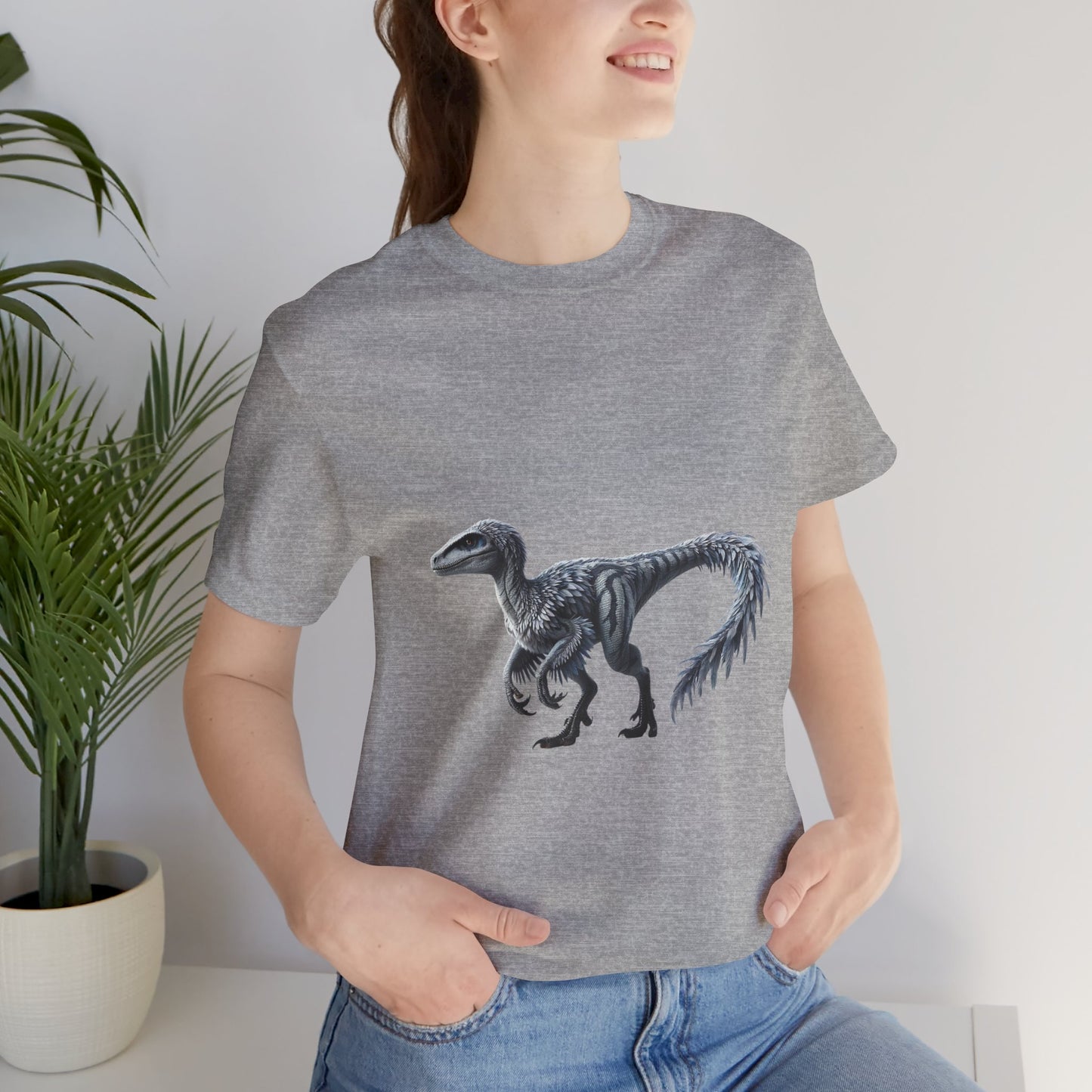 Elegant Feathered Velociraptor Tee β Sleek Style in Striking Silver & Gray π¦πβοΈ - Unisex Jersey Short Sleeve Tee Super Comfy Dino T-Shirt Gift