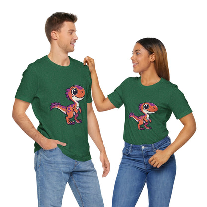 Adorable Cartoon Velociraptor Tee – Cute Dino Fun for All Ages! 🦖💜🧡 - Unisex Jersey Short Sleeve Tee Super Comfy Dino T-Shirt Gift