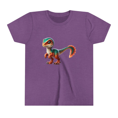 Youth Adorable Scaled Velociraptor Tee – Vibrant Dino Charm in Teal & Orange! 🦖🍃🔥 - Unisex Jersey Short Sleeve Tee Super Comfy Dino T-Shirt Gift