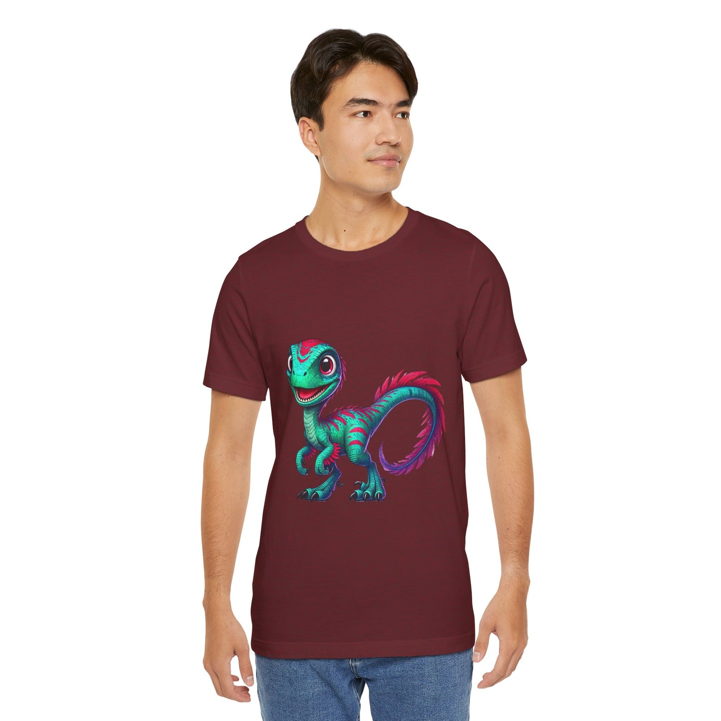 Bright & Bold Velociraptor Tee – Stand Out with Dino Style! 🦖💜💚 - Unisex Jersey Short Sleeve Tee Super Comfy Dino T-Shirt Gift