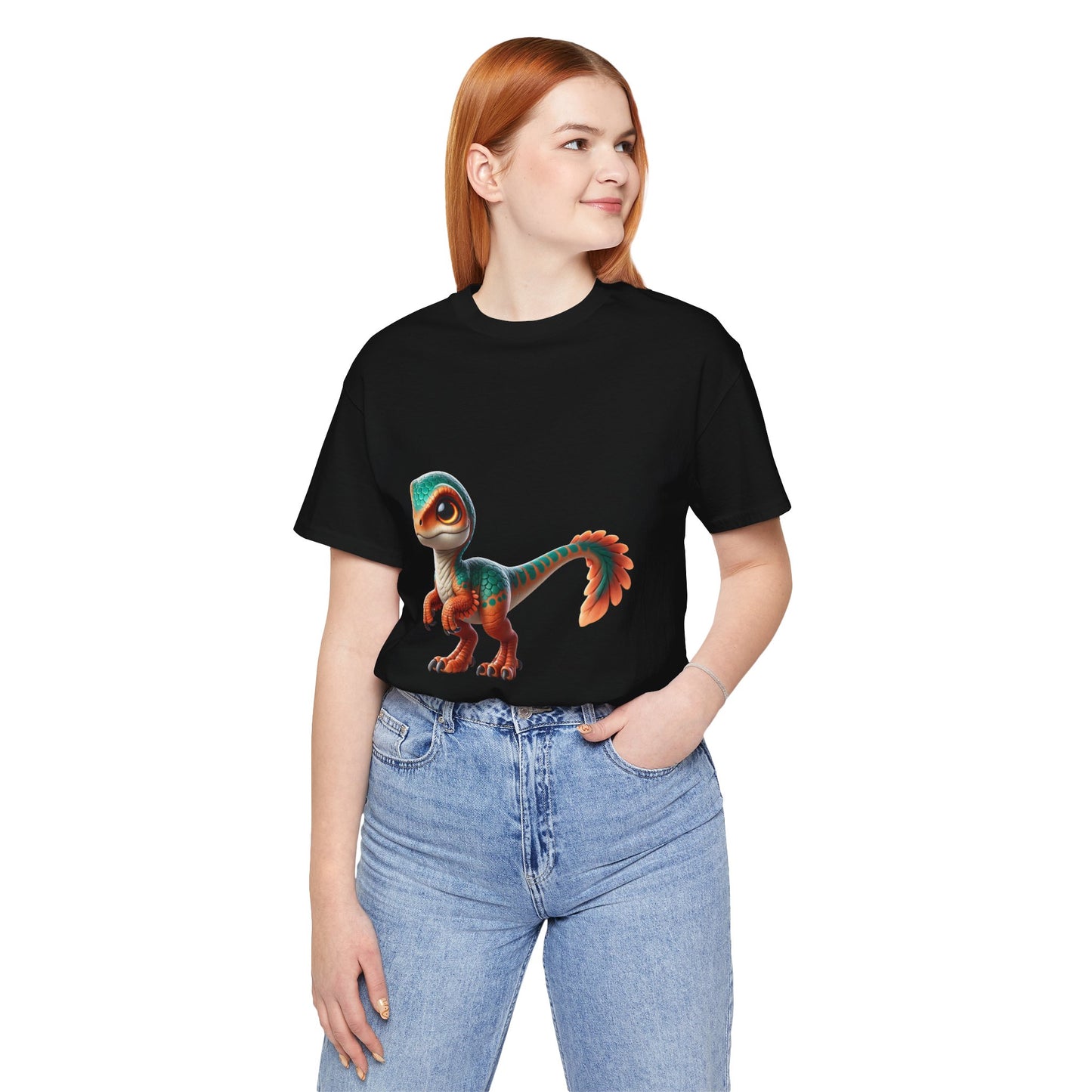 Adorable Scaled Velociraptor Tee – Vibrant Dino Charm in Teal & Orange! 🦖🍃🔥 - Unisex Jersey Short Sleeve Tee Super Comfy Dino T-Shirt Gift