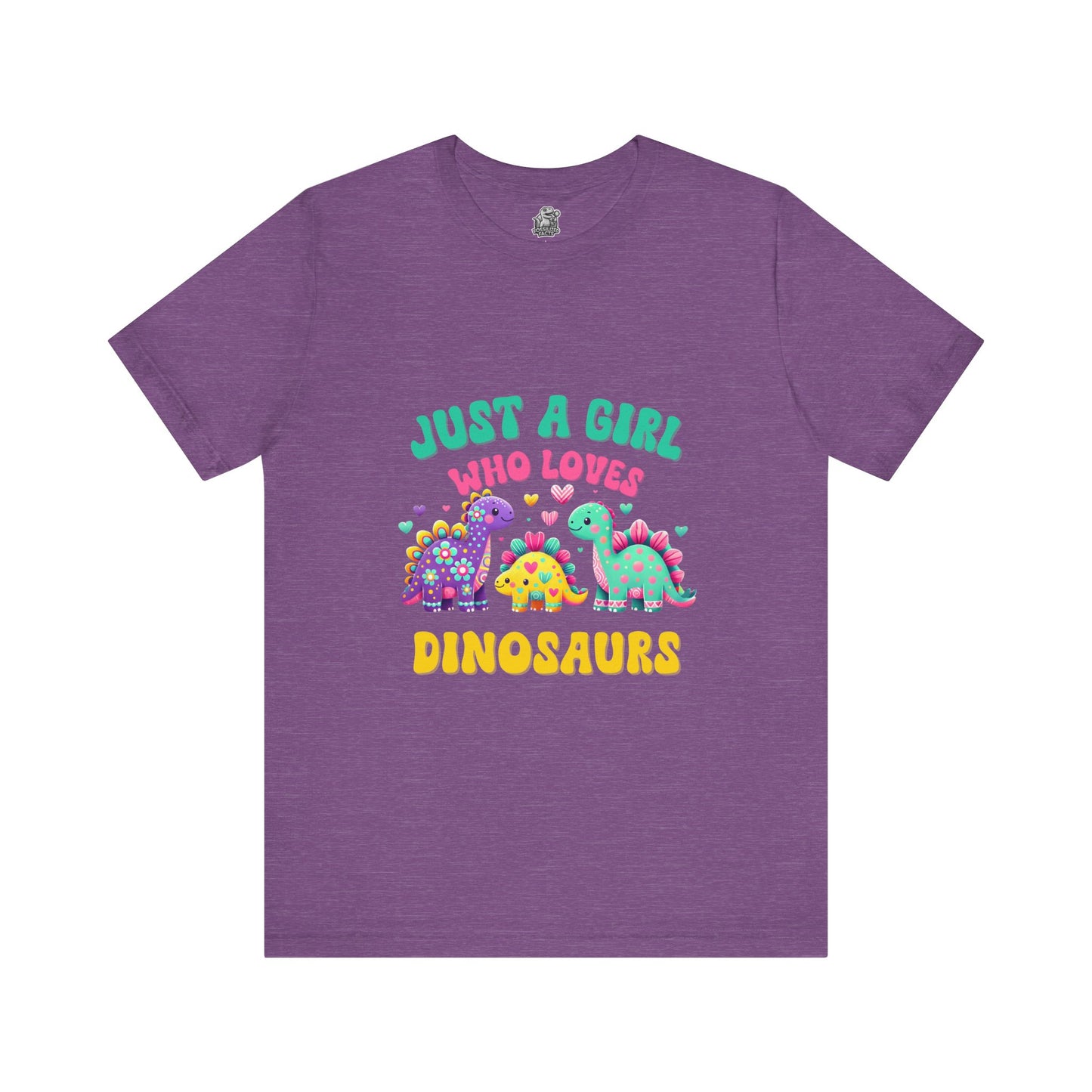 Just a Girl Who Loves Dinosaurs Unisex T-Shirt – Vibrant Dino Trio with Hearts & Flowers Design