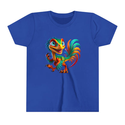 Youth Colorful & Lively Velociraptor with Vibrant Feathers – Perfect for Dino Lovers! - Unisex Jersey Short Sleeve Tee Super Comfy Dino T-Shirt Gift