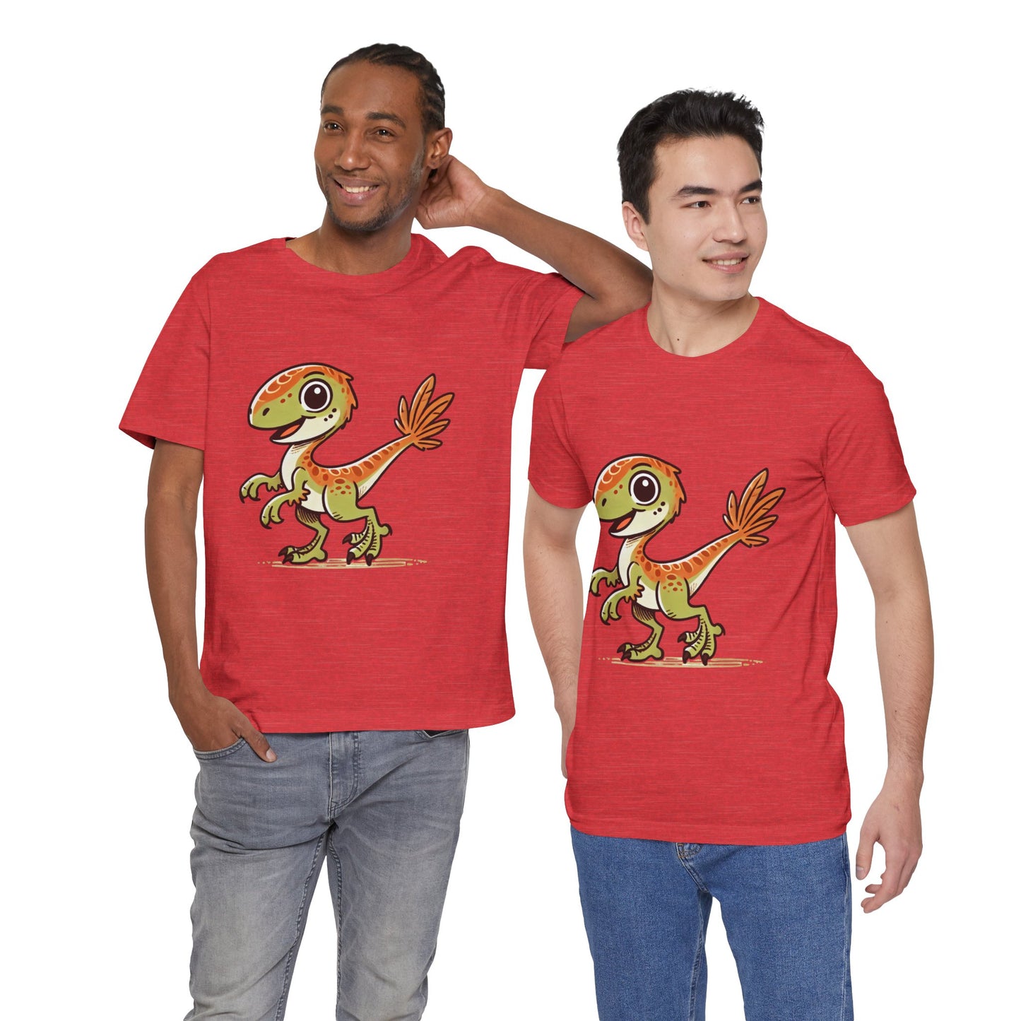 Playful Green Velociraptor Tee – Cute Dino Style with a Splash of Fun! 🦖🍂🌿 - Unisex Jersey Short Sleeve Tee Super Comfy Dino T-Shirt Gift