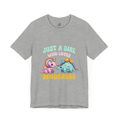 Just a Girl Who Loves Dinosaurs Unisex T-Shirt – Rainbow Triceratops & Colorful Stegosaurus Design