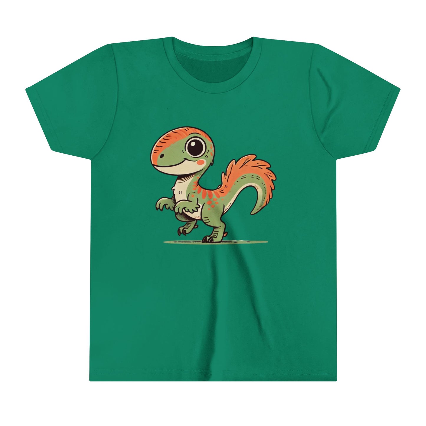 Youth Charming Green & Orange Velociraptor Tee – Dino Delight for All Ages! 🦖🍃🧡 - Unisex Jersey Short Sleeve Tee Super Comfy Dino T-Shirt Gift