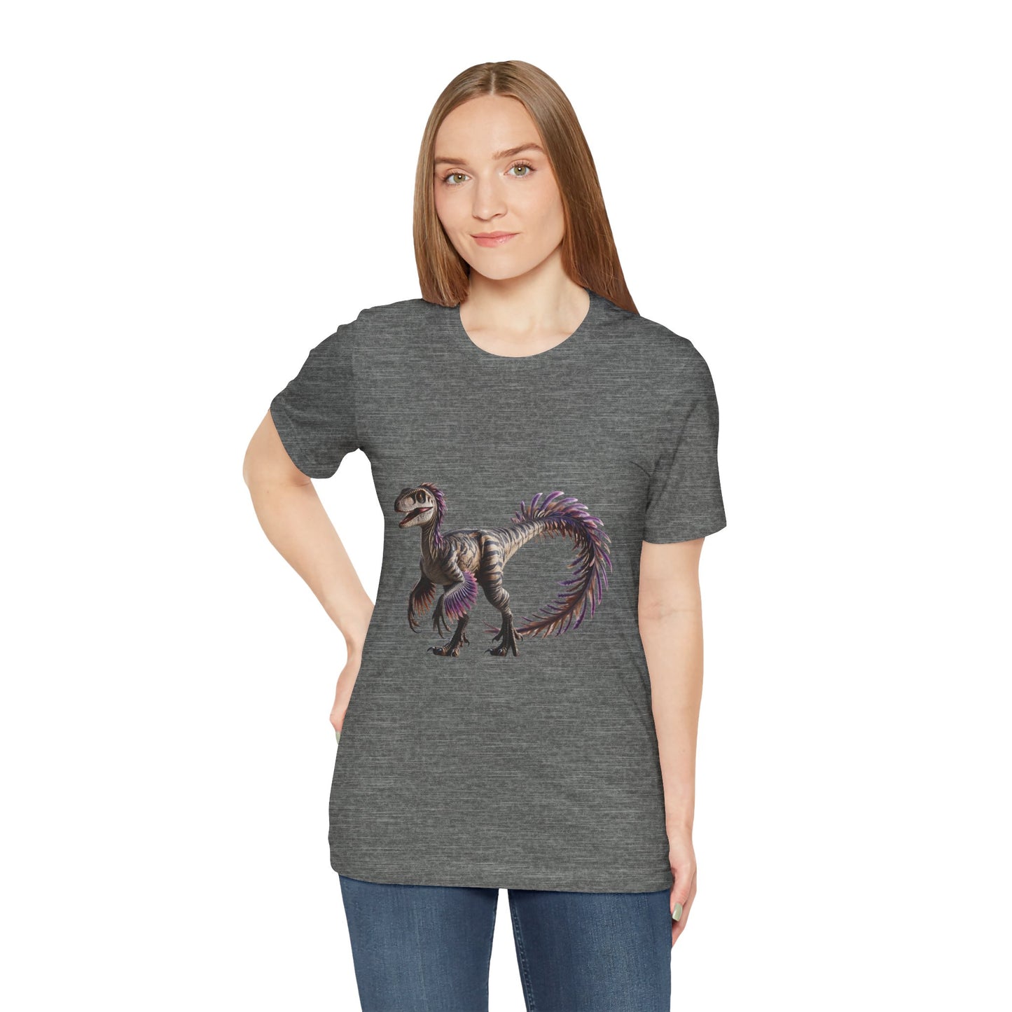 Fiercely Feathered Velociraptor Tee – A Wild Splash of Style and Prehistoric Flair! 🦖💜🌿 - Unisex Jersey Short Sleeve Tee Super Comfy Dino T-Shirt Gift