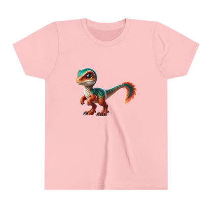 Youth Adorable Scaled Velociraptor Tee – Vibrant Dino Charm in Teal & Orange! 🦖🍃🔥 - Unisex Jersey Short Sleeve Tee Super Comfy Dino T-Shirt Gift