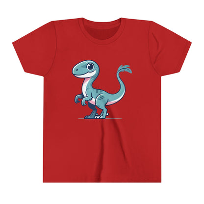 Youth Cheerful Blue Velociraptor Tee – Cute Dino Style for All Ages! 🌊🦖💙 - Unisex Jersey Short Sleeve Tee Super Comfy Dino T-Shirt Gift