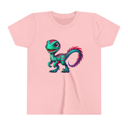 Youth Bright & Bold Velociraptor Tee – Stand Out with Dino Style! 🦖💜💚 - Unisex Jersey Short Sleeve Tee Super Comfy Dino T-Shirt Gift