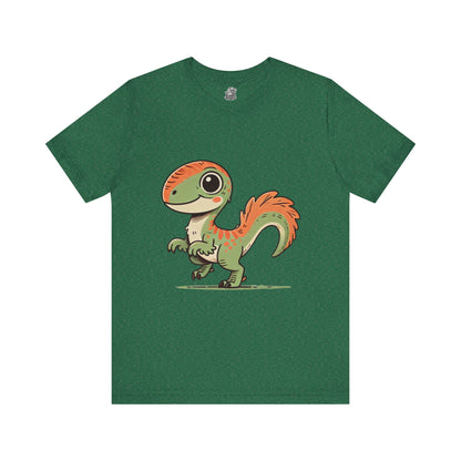 Charming Green & Orange Velociraptor Tee – Dino Delight for All Ages! 🦖🍃🧡 - Unisex Jersey Short Sleeve Tee Super Comfy Dino T-Shirt Gift