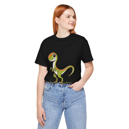 Playful Green Cartoon Velociraptor - Unisex Jersey Short Sleeve Tee Super Comfy Dino T-Shirt Gift