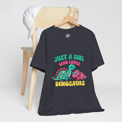 Just a Girl Who Loves Dinosaurs Unisex T-Shirt – Colorful Hearts, Flowers & Cute Dino Design