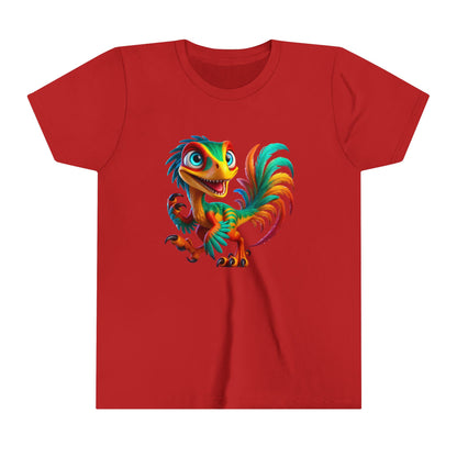 Youth Colorful & Lively Velociraptor with Vibrant Feathers – Perfect for Dino Lovers! - Unisex Jersey Short Sleeve Tee Super Comfy Dino T-Shirt Gift