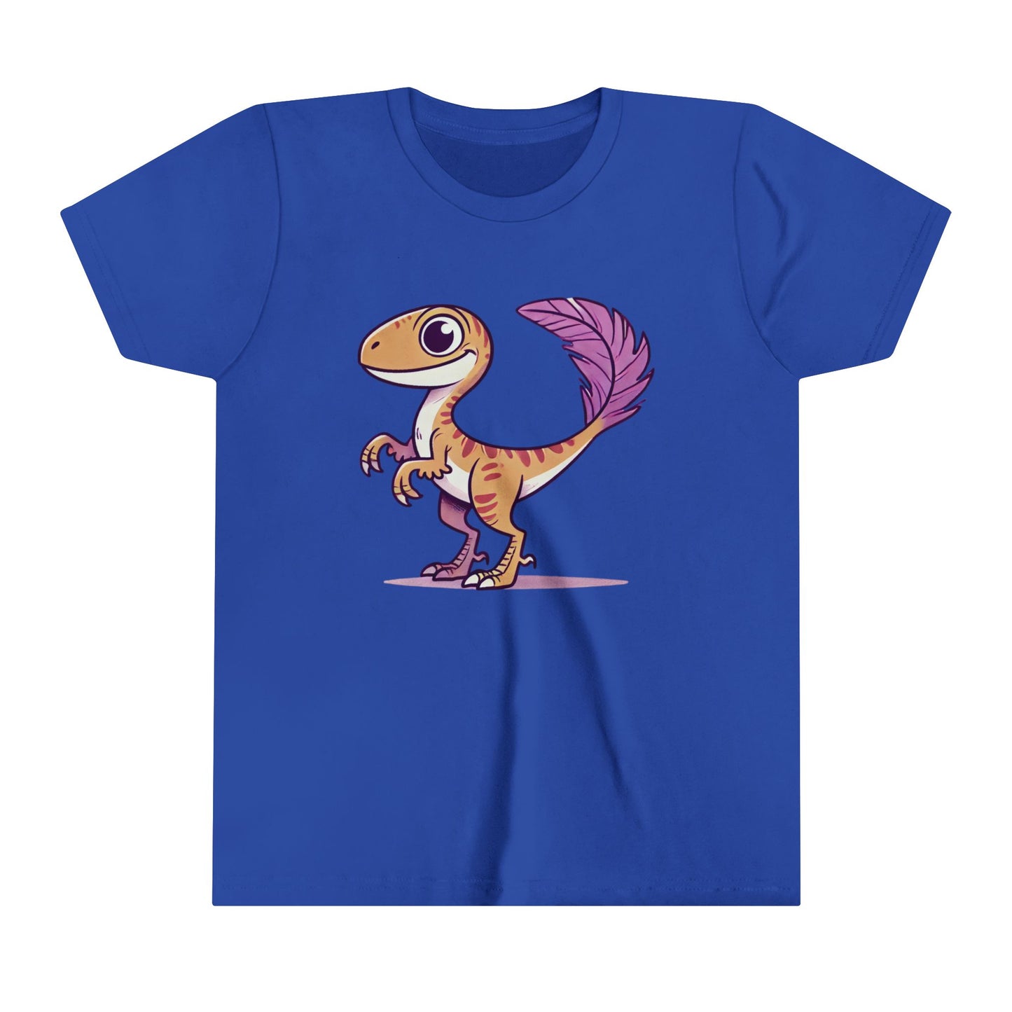 Youth Friendly Feathered Velociraptor Tee – Cute Dino Style with a Splash of Color! 🦖💜🍃 - Unisex Jersey Short Sleeve Tee Super Comfy Dino T-Shirt Gift