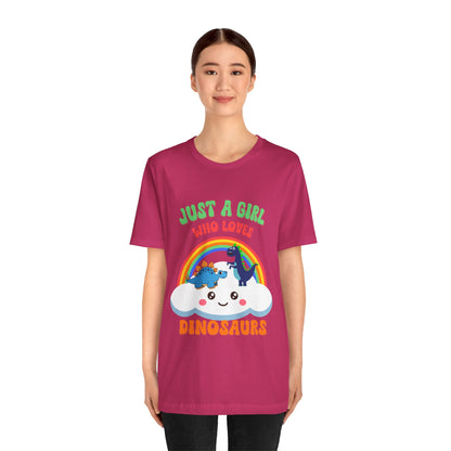 Just a Girl Who Loves Dinosaurs Unisex T-Shirt – Adorable Rainbow, Kawaii Cloud, and Fun Cartoon Dino Design