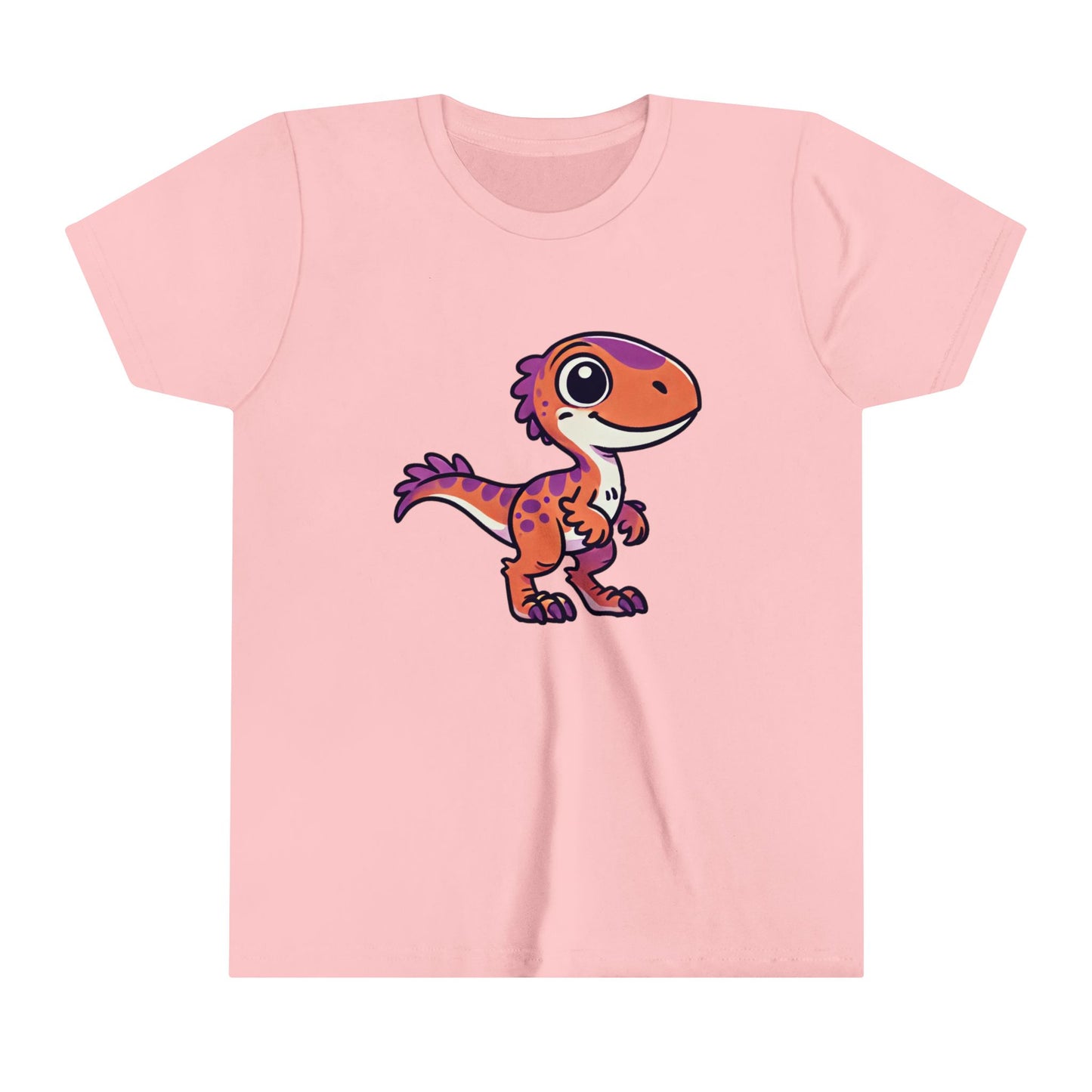 Youth Adorable Cartoon Velociraptor Tee – Cute Dino Fun for All Ages! 🦖💜🧡 - Unisex Jersey Short Sleeve Tee Super Comfy Dino T-Shirt Gift