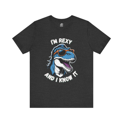 Rockstar Rex – I’m Rexy and I Know It Unisex T-Shirt with Cool T-Rex in Sunglasses & Hair