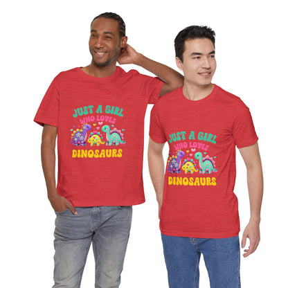 Just a Girl Who Loves Dinosaurs Unisex T-Shirt – Vibrant Dino Trio with Hearts & Flowers Design