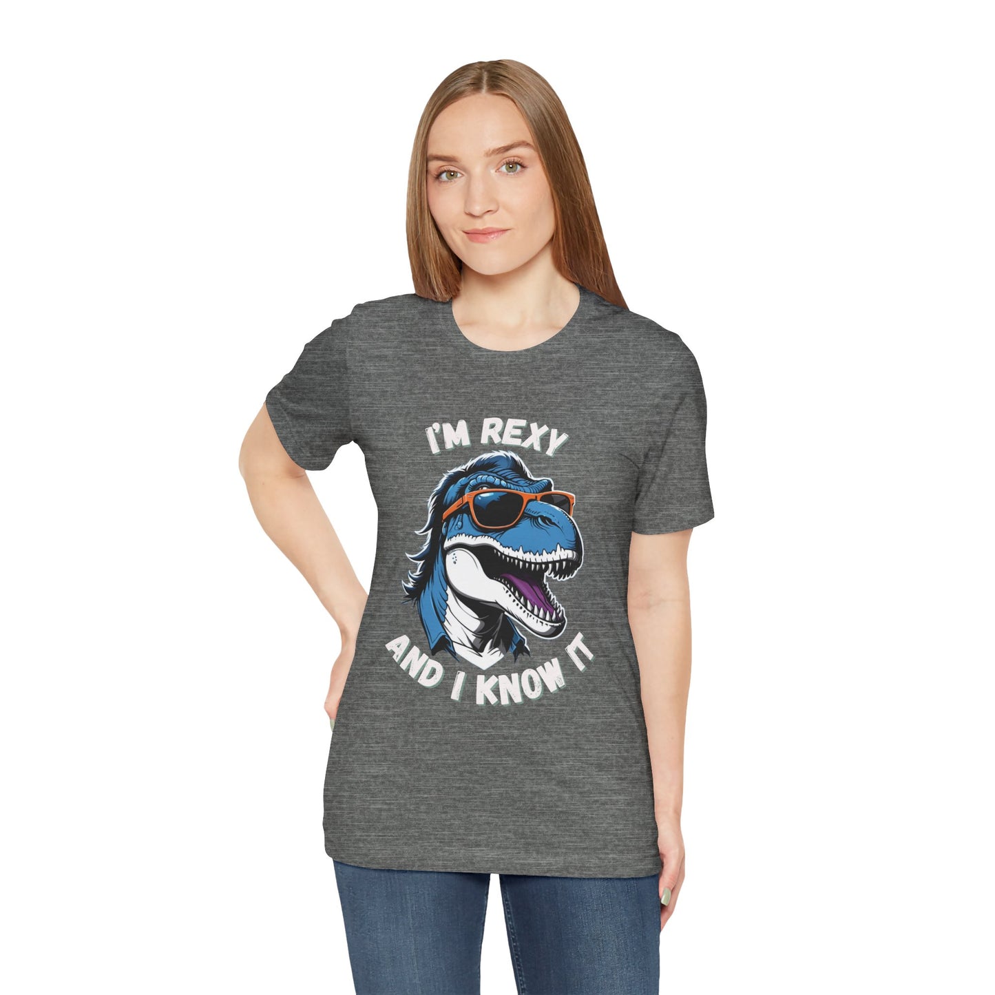 Rockstar Rex – I’m Rexy and I Know It Unisex T-Shirt with Cool T-Rex in Sunglasses & Hair