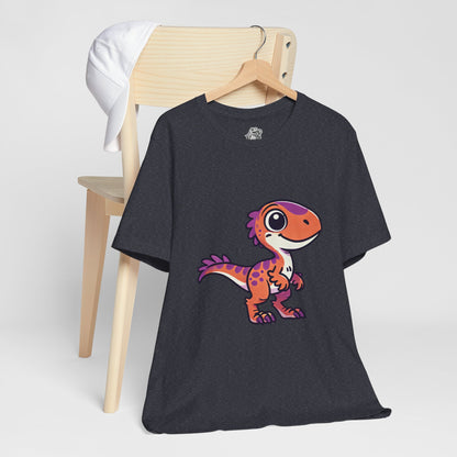 Adorable Cartoon Velociraptor Tee – Cute Dino Fun for All Ages! 🦖💜🧡 - Unisex Jersey Short Sleeve Tee Super Comfy Dino T-Shirt Gift