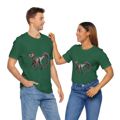 Fiercely Feathered Velociraptor Tee – A Wild Splash of Style and Prehistoric Flair! 🦖💜🌿 - Unisex Jersey Short Sleeve Tee Super Comfy Dino T-Shirt Gift