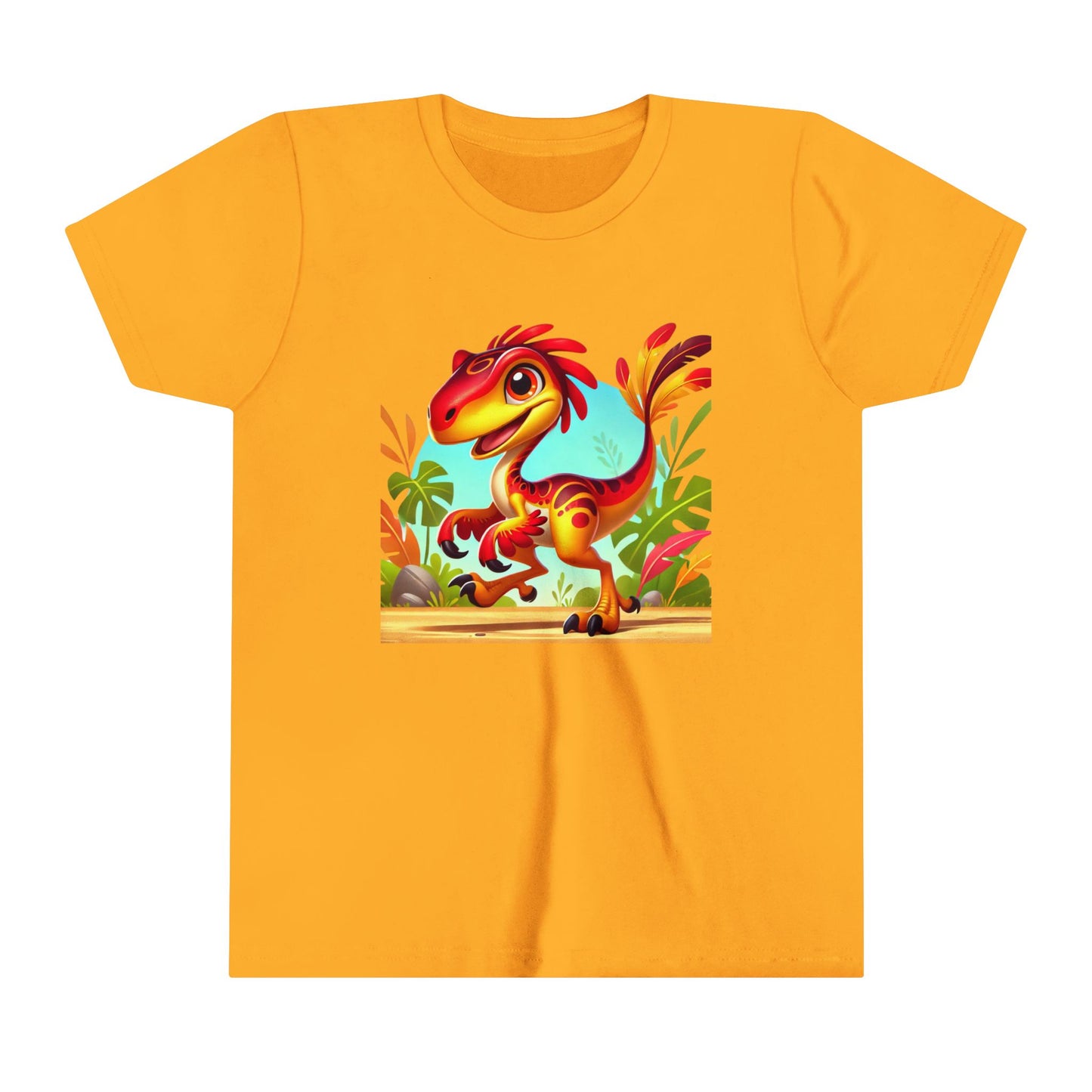 Youth Vibrant Jungle Velociraptor Tee – Fun, Fierce, and Full of Color! 🦖🌺🌿 - Unisex Jersey Short Sleeve Tee Super Comfy Dino T-Shirt Gift