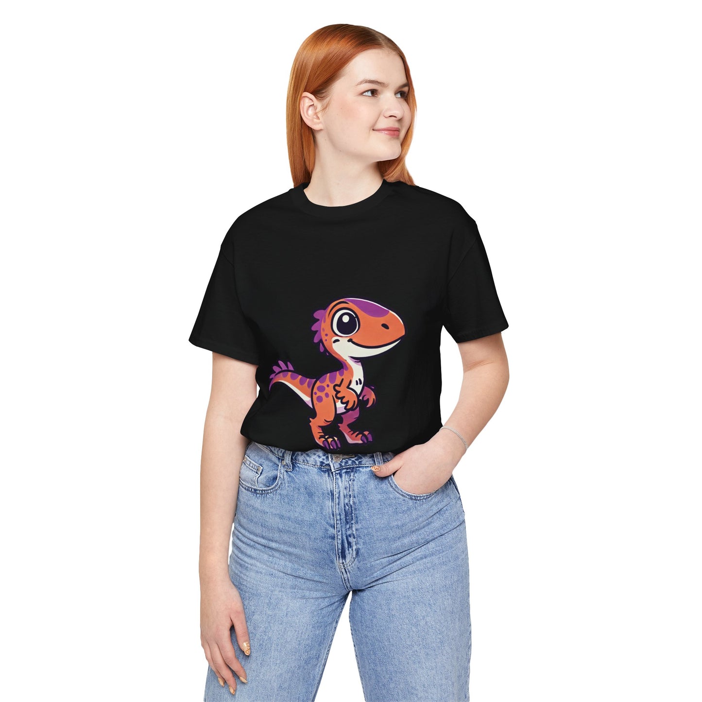 Adorable Cartoon Velociraptor Tee – Cute Dino Fun for All Ages! 🦖💜🧡 - Unisex Jersey Short Sleeve Tee Super Comfy Dino T-Shirt Gift