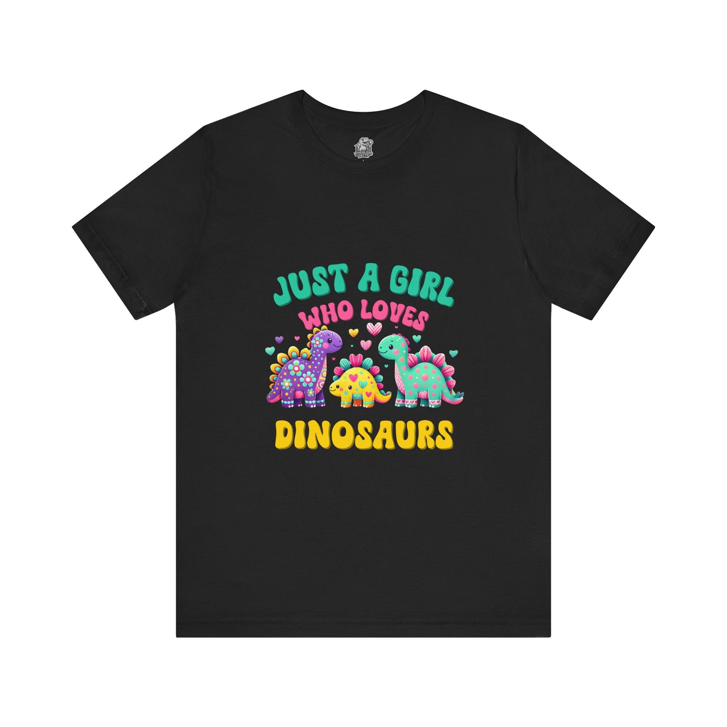 Just a Girl Who Loves Dinosaurs Unisex T-Shirt – Vibrant Dino Trio with Hearts & Flowers Design