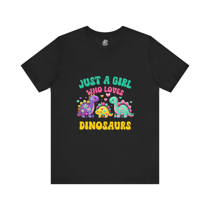 Just a Girl Who Loves Dinosaurs Unisex T-Shirt – Vibrant Dino Trio with Hearts & Flowers Design