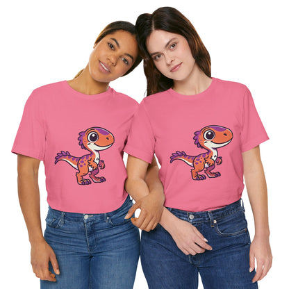 Adorable Cartoon Velociraptor Tee – Cute Dino Fun for All Ages! 🦖💜🧡 - Unisex Jersey Short Sleeve Tee Super Comfy Dino T-Shirt Gift