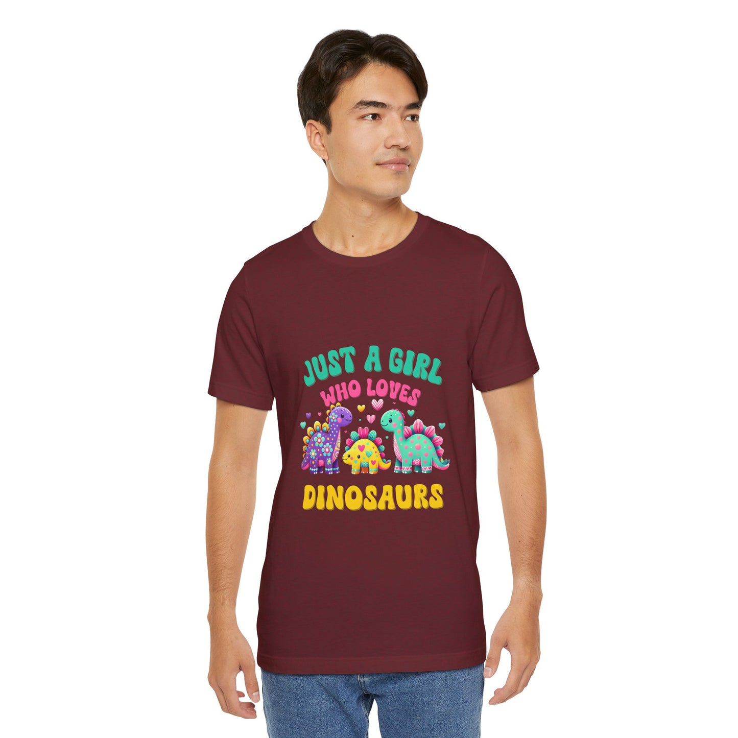 Just a Girl Who Loves Dinosaurs Unisex T-Shirt – Vibrant Dino Trio with Hearts & Flowers Design