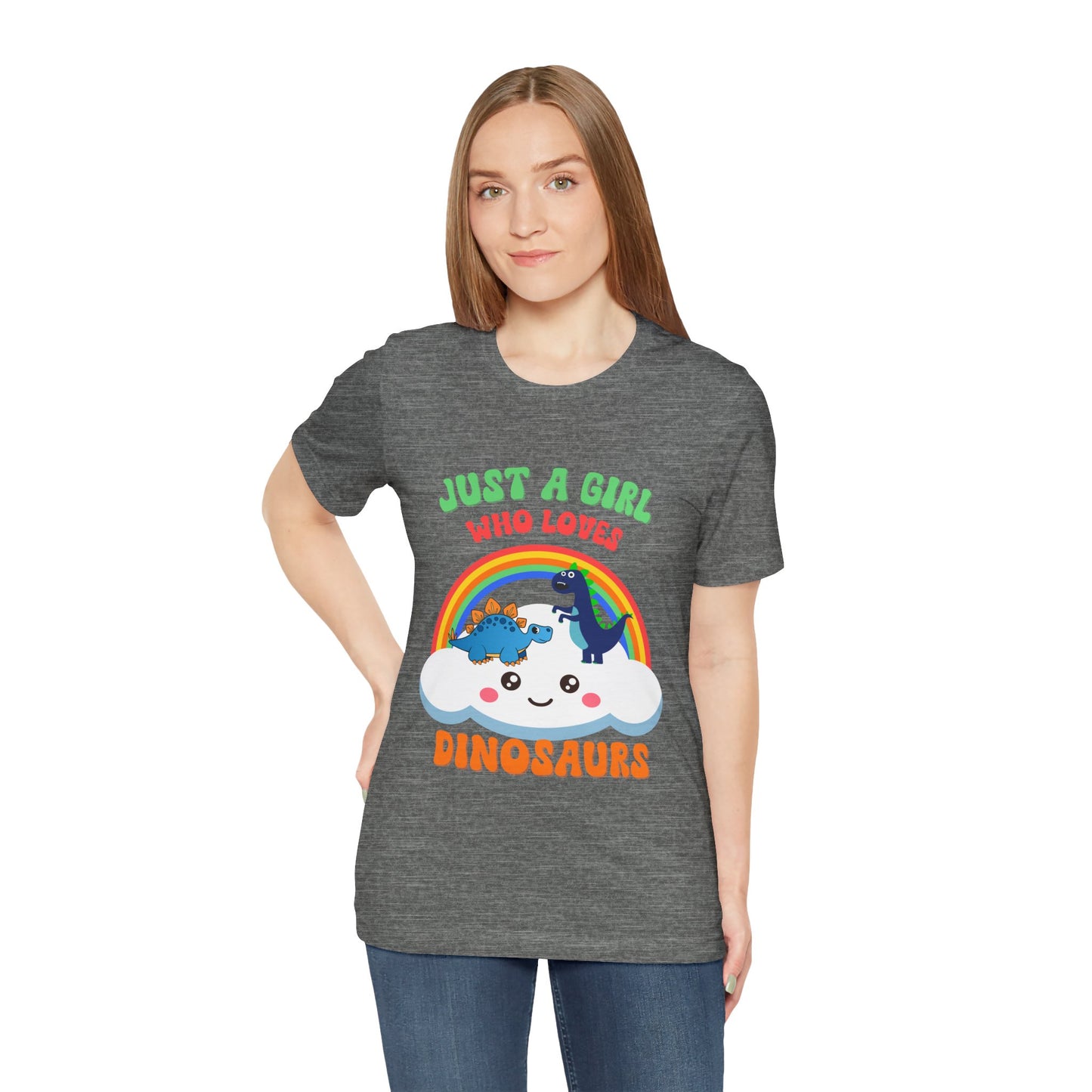 Just a Girl Who Loves Dinosaurs Unisex T-Shirt – Adorable Rainbow, Kawaii Cloud, and Fun Cartoon Dino Design