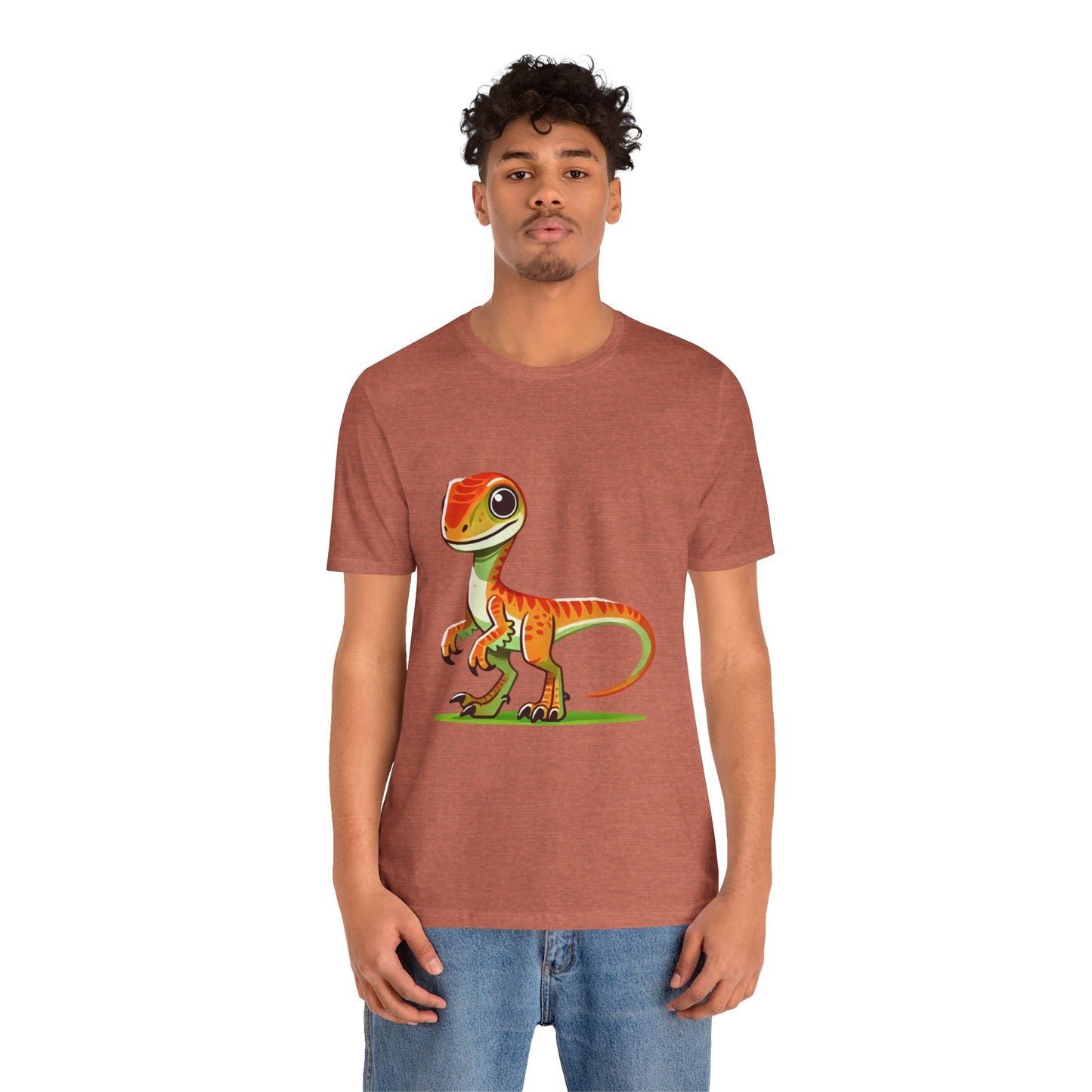 Bright & Bold Velociraptor Tee – Adorable Dino Fun in Orange & Green! 🦖🍊🌿 - Unisex Jersey Short Sleeve Tee Super Comfy Dino T-Shirt Gift