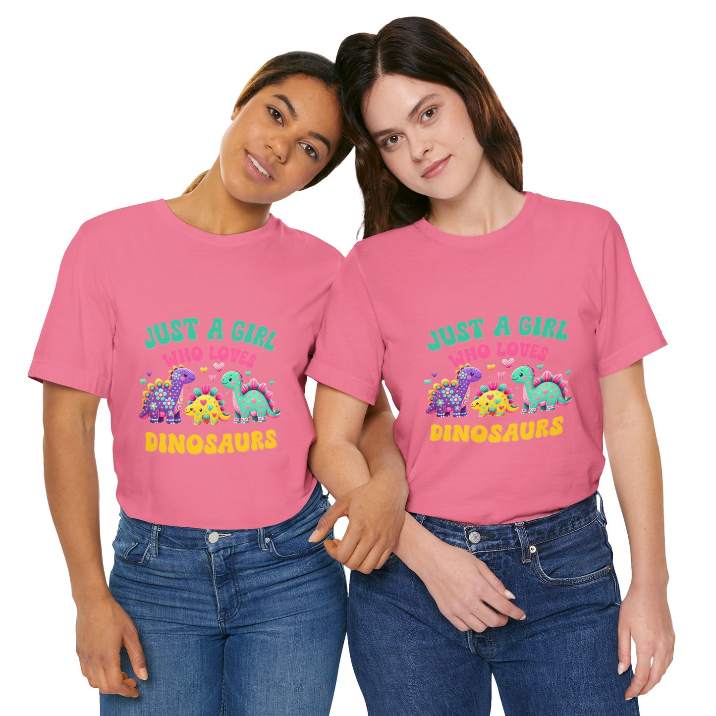 Just a Girl Who Loves Dinosaurs Unisex T-Shirt – Vibrant Dino Trio with Hearts & Flowers Design