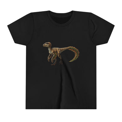 Youth Fiercely Feathered Velociraptor Tee – A Wild Splash of Style and Prehistoric Flair! 🦖💜🌿 - Unisex Jersey Short Sleeve Tee Super Comfy Dino T-Shirt Gift