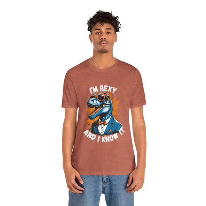 Suave Rex – I’m Rexy and I Know It Unisex T-Shirt with Stylish T-Rex in Shades & Suit