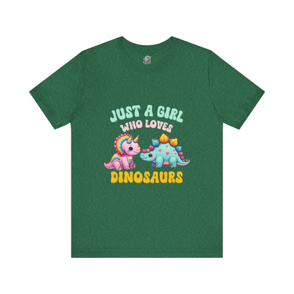 Just a Girl Who Loves Dinosaurs Unisex T-Shirt – Rainbow Triceratops & Colorful Stegosaurus Design