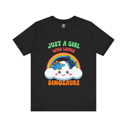 Just a Girl Who Loves Dinosaurs Unisex T-Shirt – Adorable Rainbow, Kawaii Cloud, and Fun Cartoon Dino Design