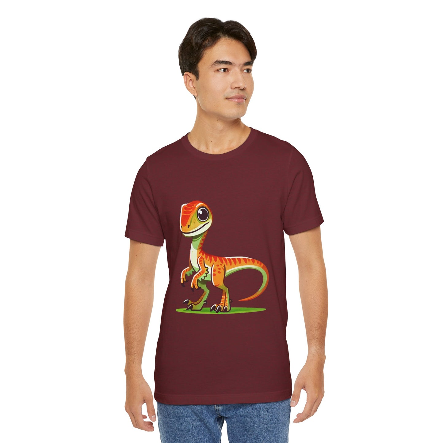 Bright & Bold Velociraptor Tee – Adorable Dino Fun in Orange & Green! 🦖🍊🌿 - Unisex Jersey Short Sleeve Tee Super Comfy Dino T-Shirt Gift