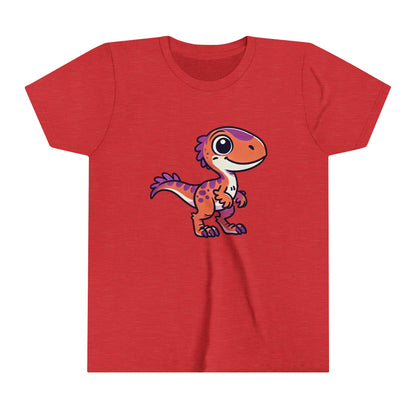 Youth Adorable Cartoon Velociraptor Tee – Cute Dino Fun for All Ages! 🦖💜🧡 - Unisex Jersey Short Sleeve Tee Super Comfy Dino T-Shirt Gift