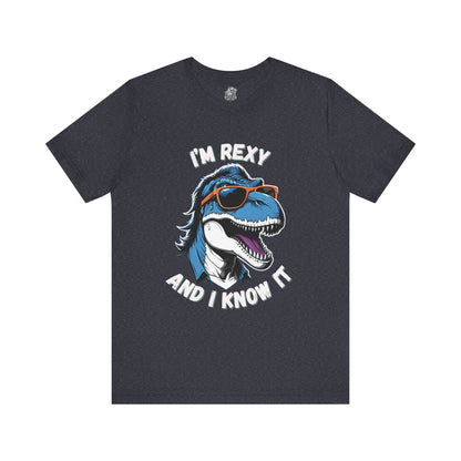 Rockstar Rex – I’m Rexy and I Know It Unisex T-Shirt with Cool T-Rex in Sunglasses & Hair