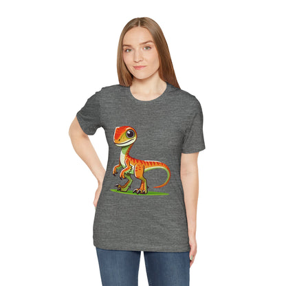 Bright & Bold Velociraptor Tee – Adorable Dino Fun in Orange & Green! 🦖🍊🌿 - Unisex Jersey Short Sleeve Tee Super Comfy Dino T-Shirt Gift