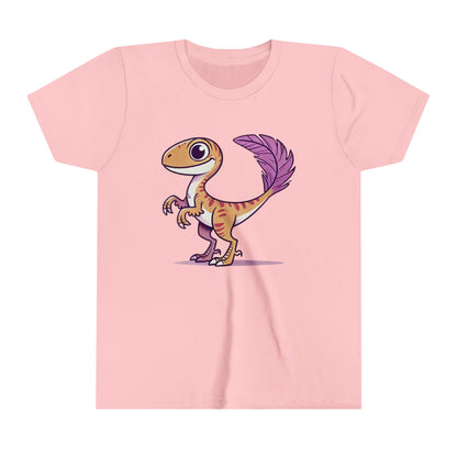 Youth Friendly Feathered Velociraptor Tee – Cute Dino Style with a Splash of Color! 🦖💜🍃 - Unisex Jersey Short Sleeve Tee Super Comfy Dino T-Shirt Gift