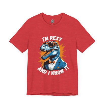 Suave Rex – I’m Rexy and I Know It Unisex T-Shirt with Stylish T-Rex in Shades & Suit