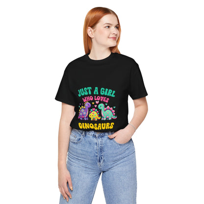 Just a Girl Who Loves Dinosaurs Unisex T-Shirt – Vibrant Dino Trio with Hearts & Flowers Design