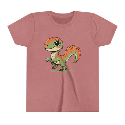 Youth Charming Green & Orange Velociraptor Tee – Dino Delight for All Ages! 🦖🍃🧡 - Unisex Jersey Short Sleeve Tee Super Comfy Dino T-Shirt Gift