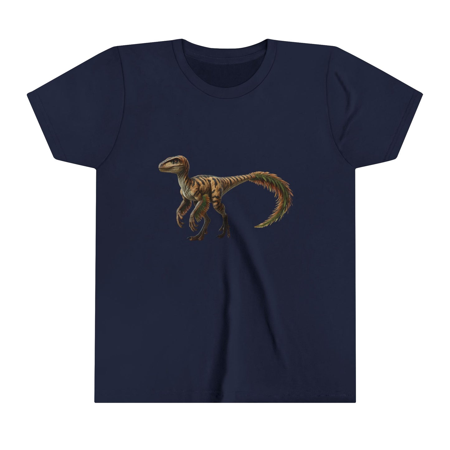 Youth Fiercely Feathered Velociraptor Tee – A Wild Splash of Style and Prehistoric Flair! 🦖💜🌿 - Unisex Jersey Short Sleeve Tee Super Comfy Dino T-Shirt Gift