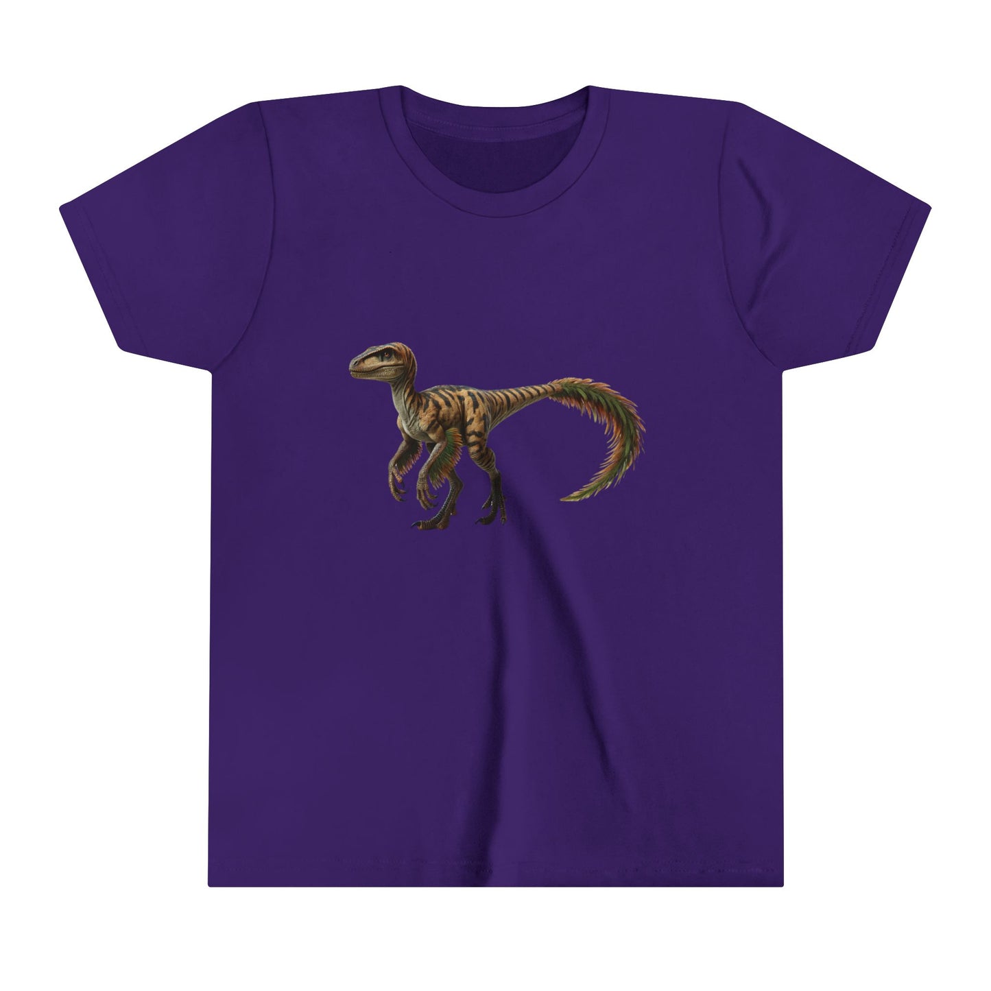 Youth Fiercely Feathered Velociraptor Tee – A Wild Splash of Style and Prehistoric Flair! 🦖💜🌿 - Unisex Jersey Short Sleeve Tee Super Comfy Dino T-Shirt Gift